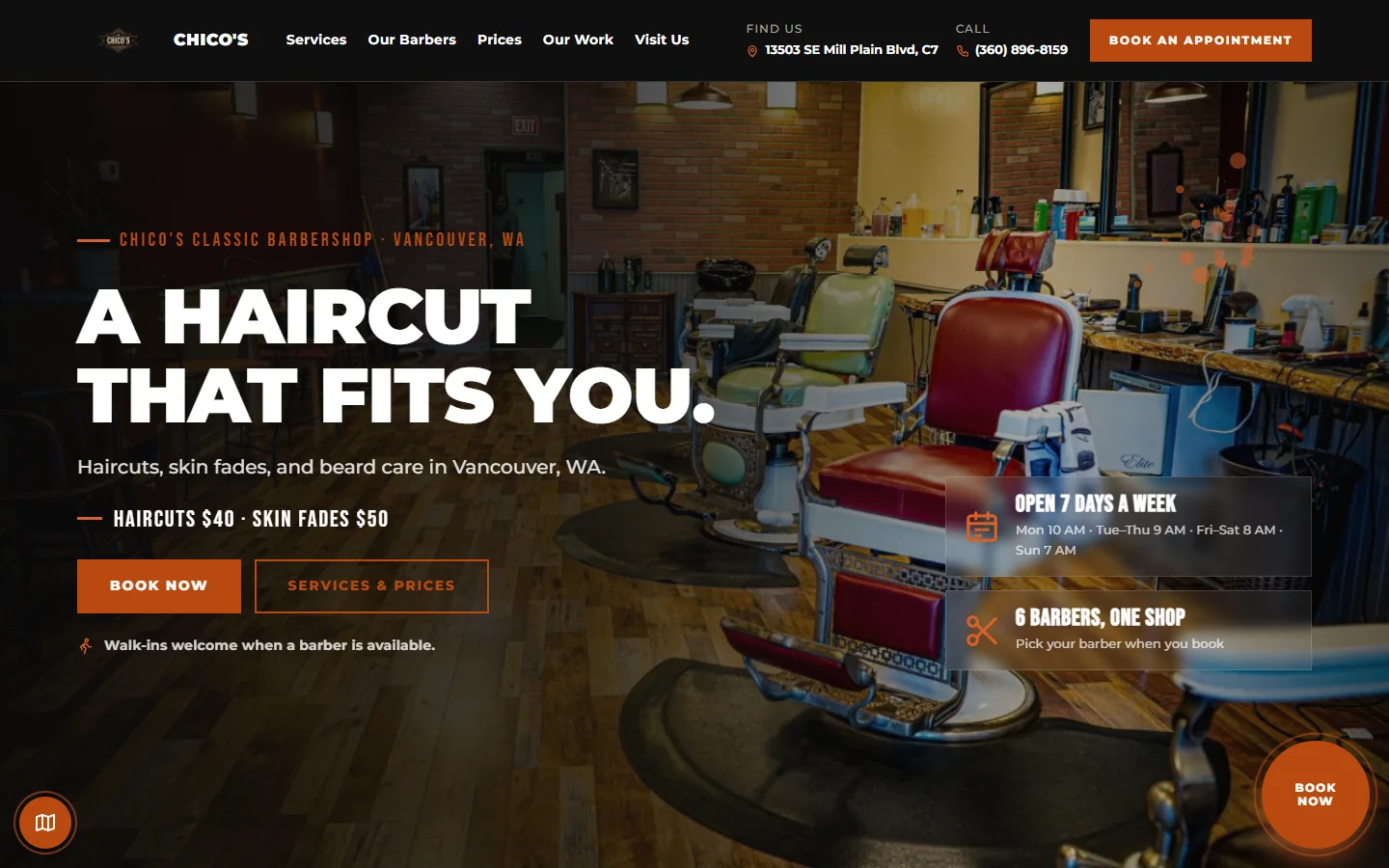 Chico's Classic Barbershop website, home page
